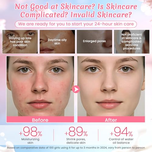 Sakura & Milk Skincare Set for Teens & Kids, 15 PCS Complete Day & Night Face Routine Kit for Girls & Office Worker, Hydrating, Shrink Pores, Perfect Gift Set for Self Care, Birthday, Party
