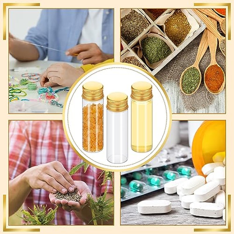 100 Pcs Small Clear Vials Spice Mini Jars with Lids Mini Glass Bottles with Screw Aluminum Metal Caps Tiny Jars Sample Containers for Powder Cream Cosmetic Jewelry Wedding (15 ml,Gold Caps)