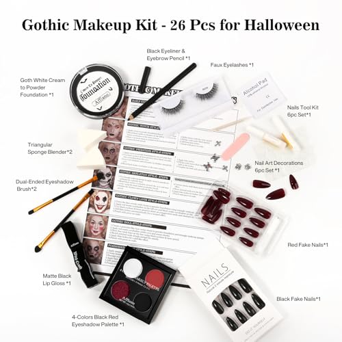 Goth Makeup Kit - Complete Halloween & Cosplay Gothic Face Paint Set with Fake Nails