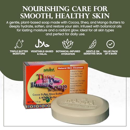 Madina 3-in-1 Butter Soap Bar - Halal Moisturizing Facial Cleanser 6 Pack