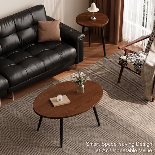 Semjar Oval Walnut Coffee & End Table Set - 2 Pcs Nesting Modern Living Room Furniture