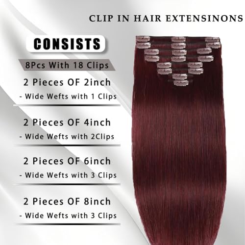 CHARMHAIR 16 Inch Remy Human Hair Clip-In Extensions Burgundy 90g - Easy Volume & Styling