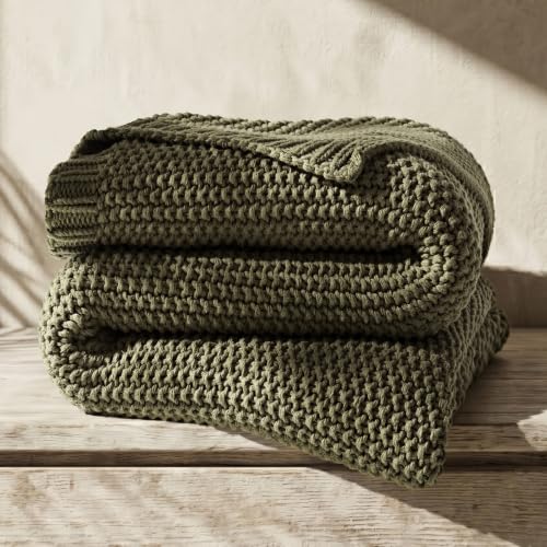 EverGrace Organic Cotton Chunky Knit Throw Blanket 50x60 Olive Green
