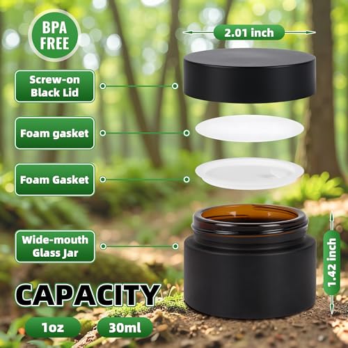 Black Frosted Glass Cream Jars with Black Lid - 1oz Airtight Cosmetic Containers, Set of 24