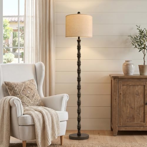 FOFOMOMO 62" Dark Brown Farmhouse Floor Lamp with Linen Shade & Rotary Switch