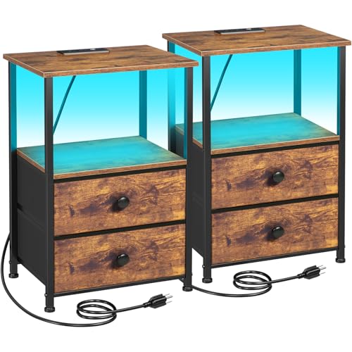 Set of 2 LED Nightstands with Charging Station - Rustic Brown / Power & RGB Lights