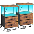 Set of 2 LED Nightstands with Charging Station - Rustic Brown / Power & RGB Lights