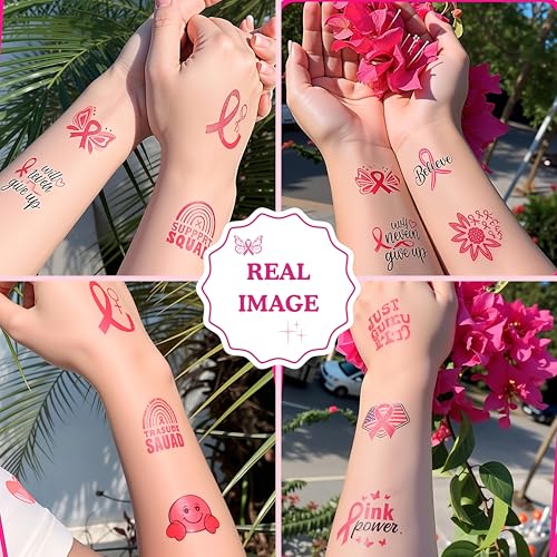 Breast Caner Temporary Tattoos, Pink Tattoos Stickers, Breast Cancer Awareness Decorations, Pink Stickers for Party Decoration Supplies Favors for Kids Adults