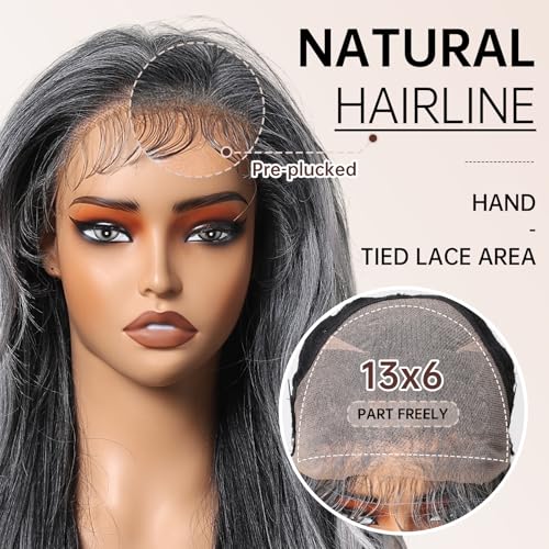 Allbell 13x6 Lace Front Wigs for Black Women - Ombre Gray Silver, 28 Inch Body Wave, Preplucked Hairline with Baby Hair - Balayage Gray 1005-5GR28