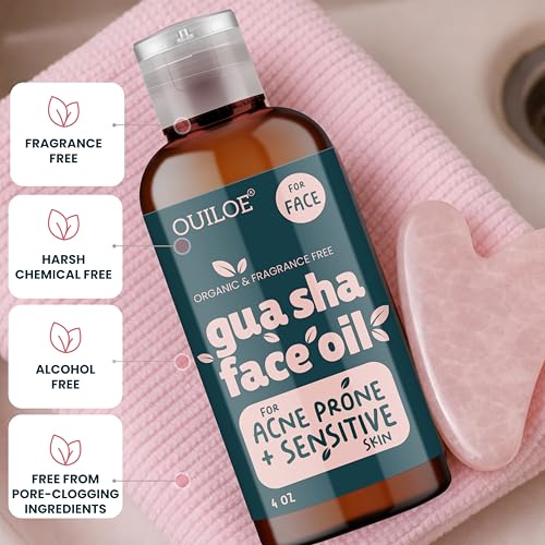 Gua Sha Oil for Sensitive and Acne Prone Skin - Non Comedogenic Face Oil for Gua Sha Massage - Unscented Lymphatic Drainage Oil for Face - Non Greasy, Natural, Lightweight, 4oz