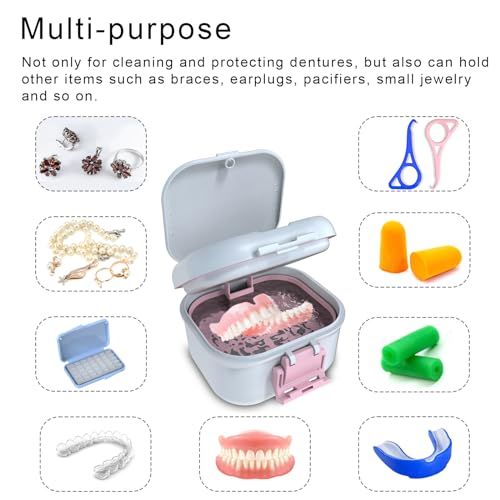 Denture Storage Case with Strainer - Leak Proof Portable Soaking Box, White & Pink