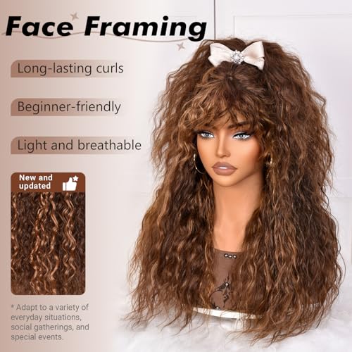 Highlight Mix Brown Curly Human Hair Wig with Bangs for Black Women - Long, Natural Look, True Scalp, Glueless, Effortless Style