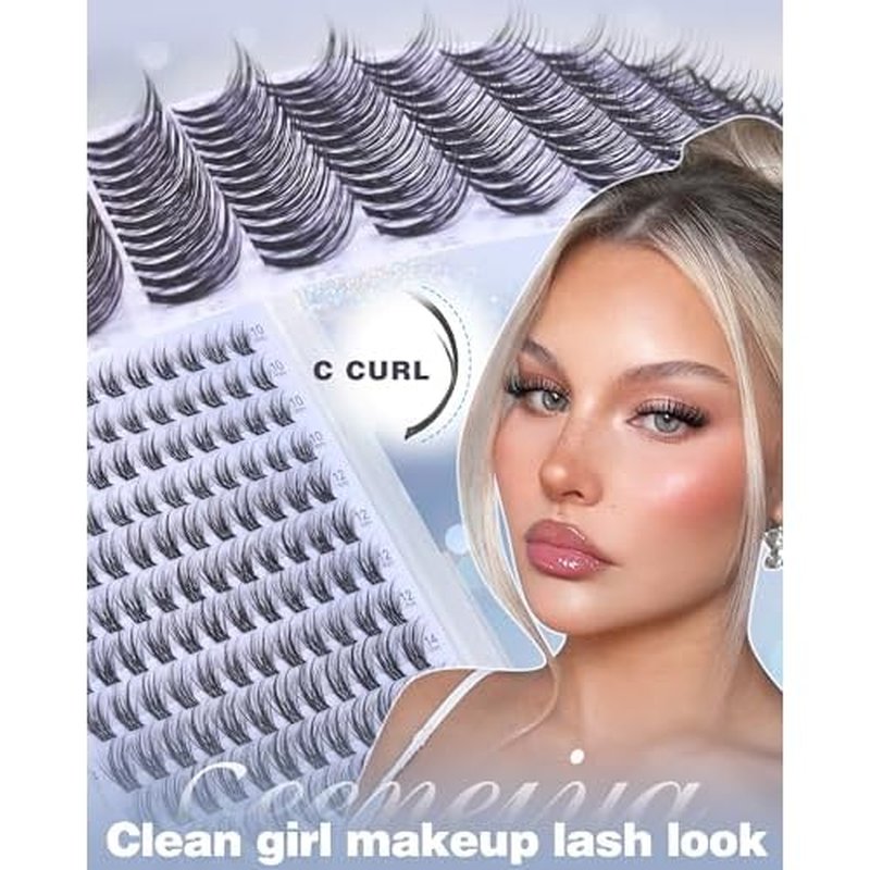 Geeneiya Natural Lash Clusters Kit Short Eyelash Clusters Kit 10-12-14MM Wispy Cluster Lashes C Curl Cluster Eyelash Extensions Clean Girl Makeup Lash Extension Kit with Waterproof Lash Bond and Seal