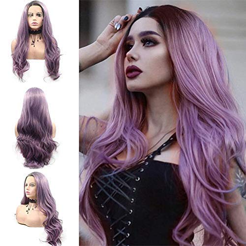 Ombre Purple Lace Front Wigs for Women 24 Inch Wavy Synthetic Hair with Brown Roots