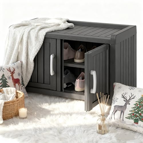 Outdoor Waterproof Shoe Storage Bench - Double Door, Midnight Black