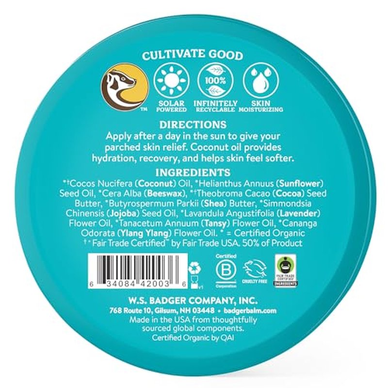 Badger Coconut AfterSun Balm, 100% Organic Soothing Sunburn Relief, Great Smelling, Moisturizing & Hydrating After Sun Skin Care, 2 oz Tin
