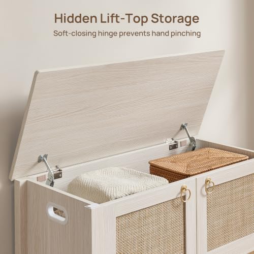 White Cream Oak Rattan Storage Bench with Safety Hinges - Boho Chest