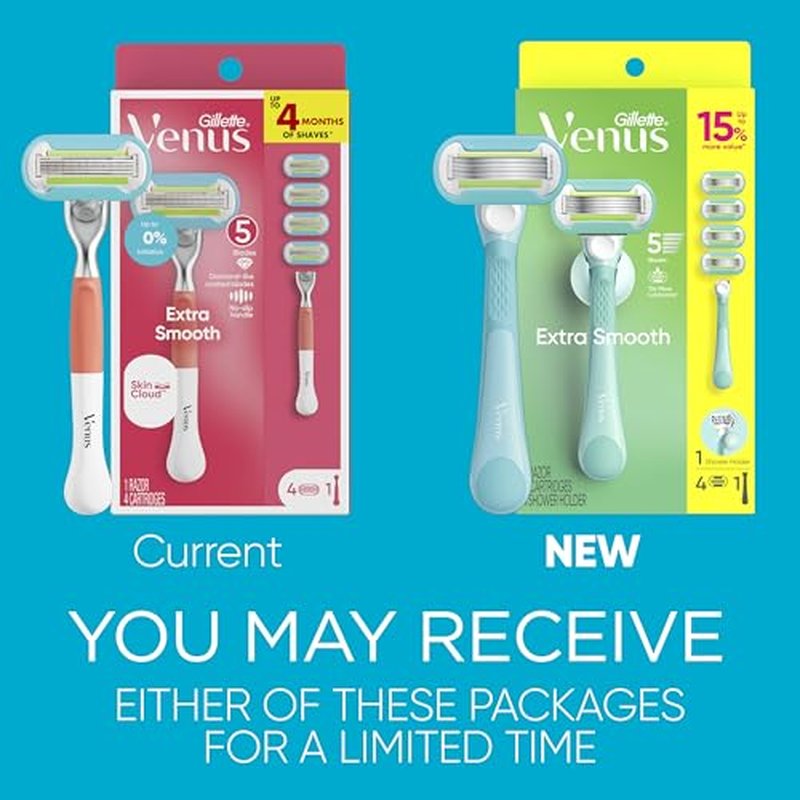 Gillette Venus Extra Smooth Razor for Women, Includes 1 Reusable Razor Handle + 4 Refills, 5-Bladed, Ergonomic No-Slip Gel Handle and Shower Holder, Holiday Gifts for Women