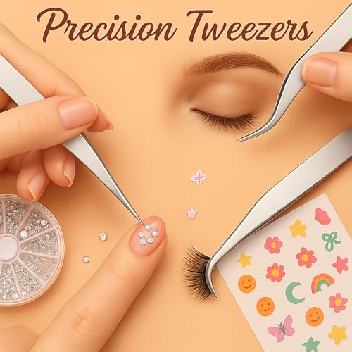 Silver Nail Art Tweezers Set ? Precision Tweezers for Nail Stickers, Rhinestones, Charms, & Decals ? Essential Nail Art Tools for Nail Designers ? Elegant Nail Sticker Tweezers for Gel Nails
