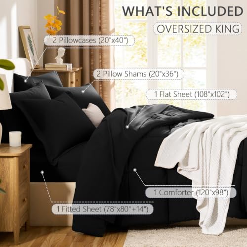 Oversized King Comforter Set - Black 7-Piece Bed in a Bag, CozyLux