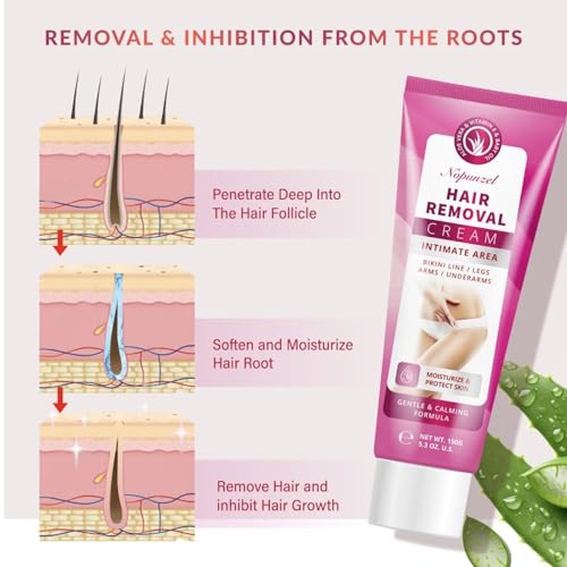 Hair Removal Cream for Women: Depilatory Cream for Intimate Areas and Pubic Area with Aloe Vera and Vitamin E - Hair Removal for Body Legs Arms Underarms Bikini - Fast Painless Soothing - 5.3 oz