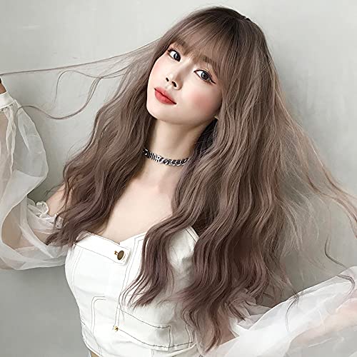 AIKO PRO Gray Pink Long Curly Wavy Wig with Bangs, 23-inch Synthetic Hair for Cosplay & Daily Wear