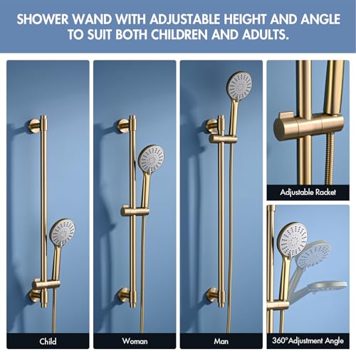 Adjustable 30-Inch Shower Slide Bar Set with 5-Function Handheld Shower Head - Brushed Gold, Drill Mounted