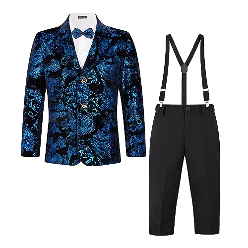 MAGE MALE Boys 3 Pieces Suit Colour Jacquard Slim Fit Jacket Pants Set for Wedding Prom Party Tuxedo with Kids Suspenders