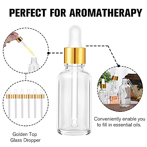 PrettyCare Clear Eye Dropper Bottles 1 OZ and 2 OZ Clear Class Bottles with Golden Caps Empty Boston Bottles for Essential Oils, Hair Oils, Vitamin C, Perfume