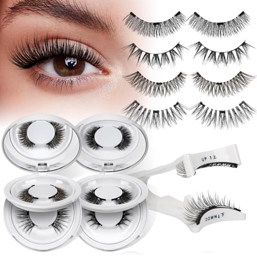 QUEWEL Magnetic Eyelashes 4 Pair Reusable Magnetic Eyelashes with Applicator No Glue Needed Eyelashes Natural Look Lash Clusters Kit Easy to Wear and Remove(4 Pairs-A05)
