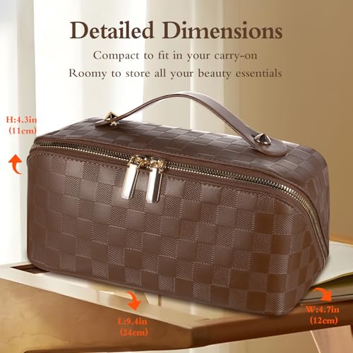 Travel Makeup Bag Large Capacity Waterproof Cosmetic Organizer with Divider - Checkerboard Brown