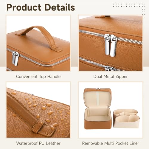 OMISTAR Brown Large Capacity Makeup Vanity Bag with Removable Liner Waterproof PU Leather