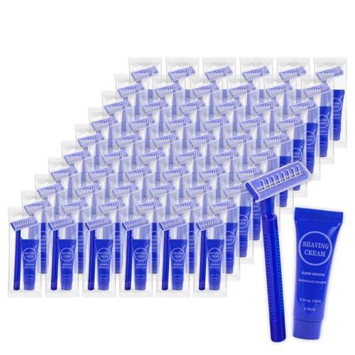 Disposable Razor Shaving Cream Set, Individually Wrapped Manual Twin Blade Shaving Razors in Bulk with Mini Smooth Shaving Cream Toiletries for Hotel Charity Camping Travel Homeless 0.34oz (60 Pack)