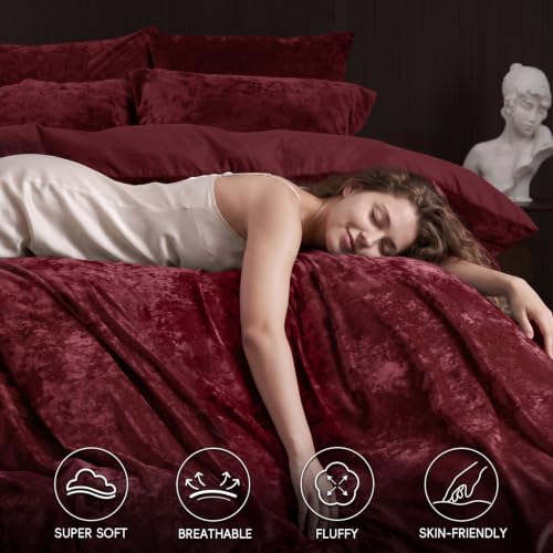 King Size Velvet Duvet Cover Set - Wine Red, 3pcs, No Comforter