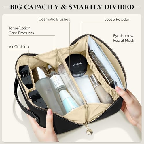 Travel Makeup Bag - Open Flat Cosmetic Organizer for Women, Medium Black - MSTONAL