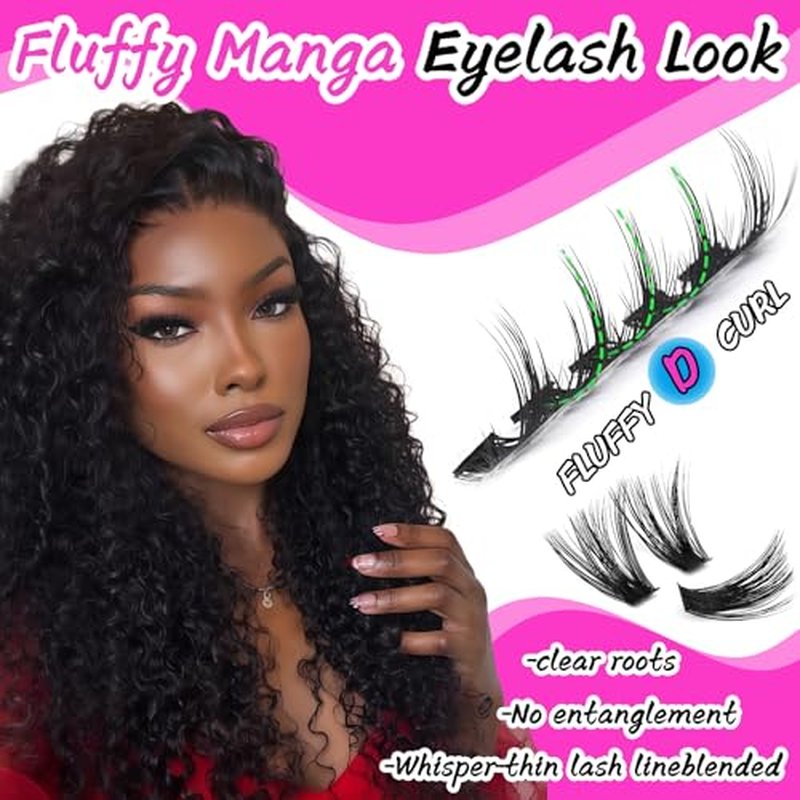 Manga Lash Clusters Kit, 504 Pcs Fluffy Eyelash Clusters Extensions 100D+100D D Curl Individual Wispy False Eyelashes Kit with Lash Bond, Lash Remover, Lash Tweezers, Lash Brush (Lash Clusters10-18mm)