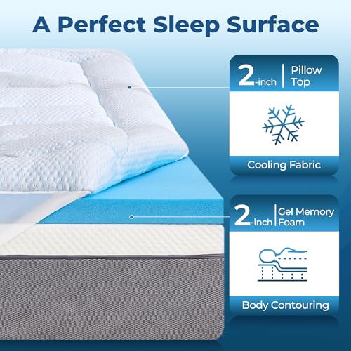 Full Size Cooling Gel Memory Foam Mattress Topper - White, 4 Inch Dual Layer for Back Pain & Hot Sleepers