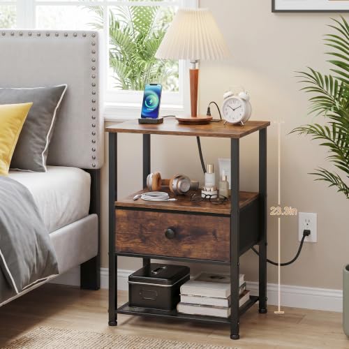 LOAKEKEL Brown Nightstands Set of 2 with Charging Station - Modern Bedroom Side Tables