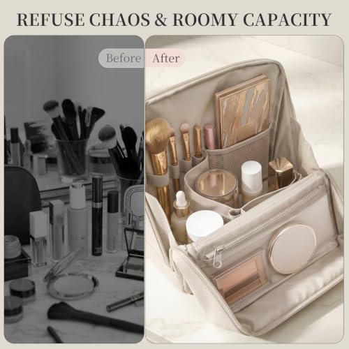 Large Travel Makeup Bag with Waterproof PU Leather - Cream White, Size L