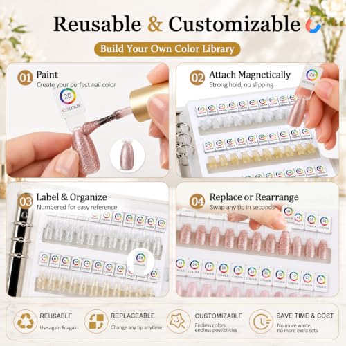 Magnetic Nail Swatch Book with 96 Tips Leather Display Kit - White