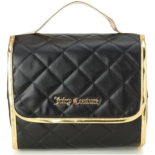 Juicy Couture Black Makeup Bag Cosmetics Organizer Travel Essentials Hanging Hook Faux Quilted Leather Gold Trim