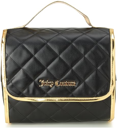 Black Faux Quilted Leather Makeup Bag with Gold Trim - Travel Toiletry Organizer