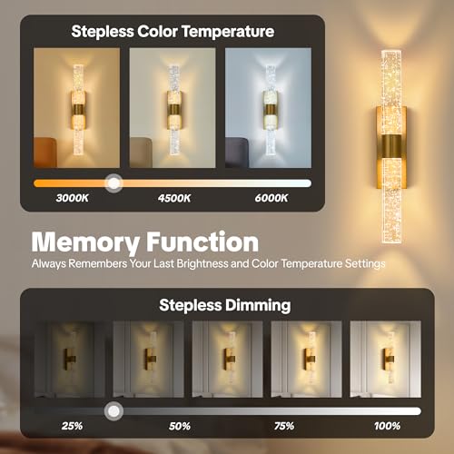 Linboro Gold 16.9-Inch Battery Operated Wall Sconces Set of 2, Dimmable Rechargeable Cordless Lights for Bedroom & Living Room