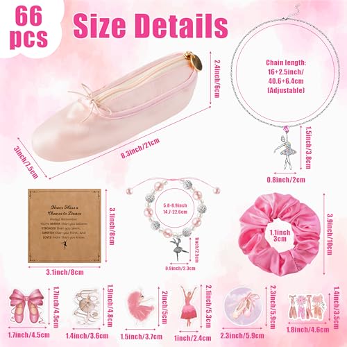 Y1tvei Ballerina Shoe Makeup Bag Set - 66Pcs Ballet Dancing Girls Satin Cosmetic Pouch Dance Stickers Sparkly Pink Ballerina Bracelet Necklace with Card Hairband, Ballet Dancer Gifts for Dance Recital