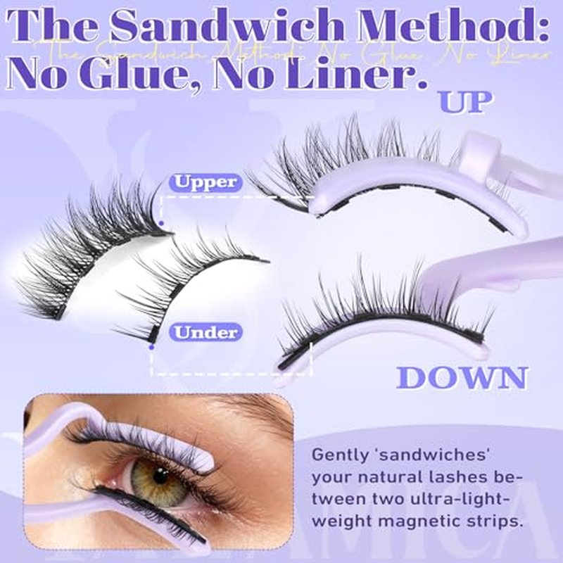 Magnetic Eyelashes with Applicator ? Easy Snap-On Magnetic Lashes for Beginners, Natural Cat Eye Look, No Glue No Liner, Reusable Lightweight Strip Lashes by Yawamica