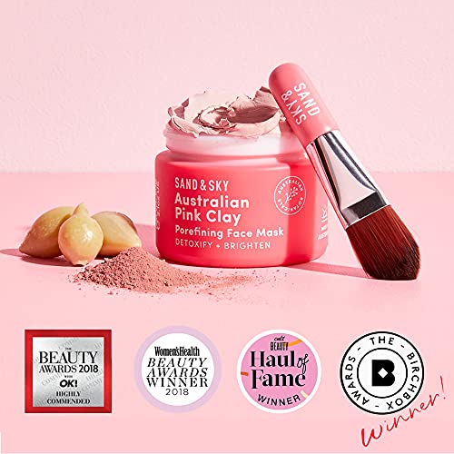 Sand & Sky Clay Mask for Face Pore Minimizer - Australian Pink Clay Detoxifying Face Mask for Pores, Kaolin Clay Mask, Brightening Vitamin C Formula, Brush Included