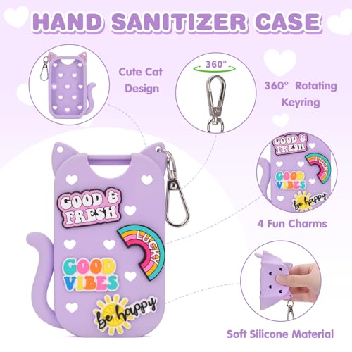 Silicone Case Holder Compatible with Hand Sanitizer Spray Touchland 1 fl oz, Cute Cat Ear Protective Case with Keychain & 4 Decorative Charms (Purple, 1P)