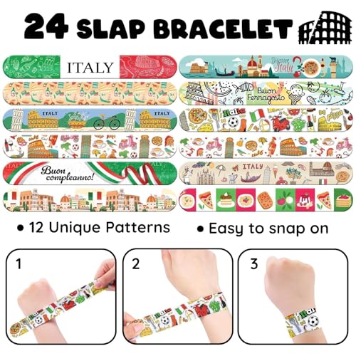 96 PCS Italy Party Favors Set ? 72 Pre-Cut Tattoos & 24 Slap Bracelets, Perfect for Travel-Inspired Birthdays & Cultural Celebrations