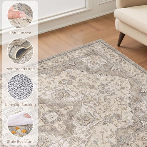 9x12 Washable Vintage Area Rug for Living Room Brown Multi - Distressed Floral