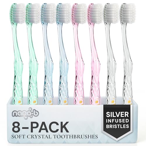 Nano-b 8-Pack Manual Toothbrushes for Adults with Sensitive Gums — Silver Bristles, Soft/Medium, Travel Case